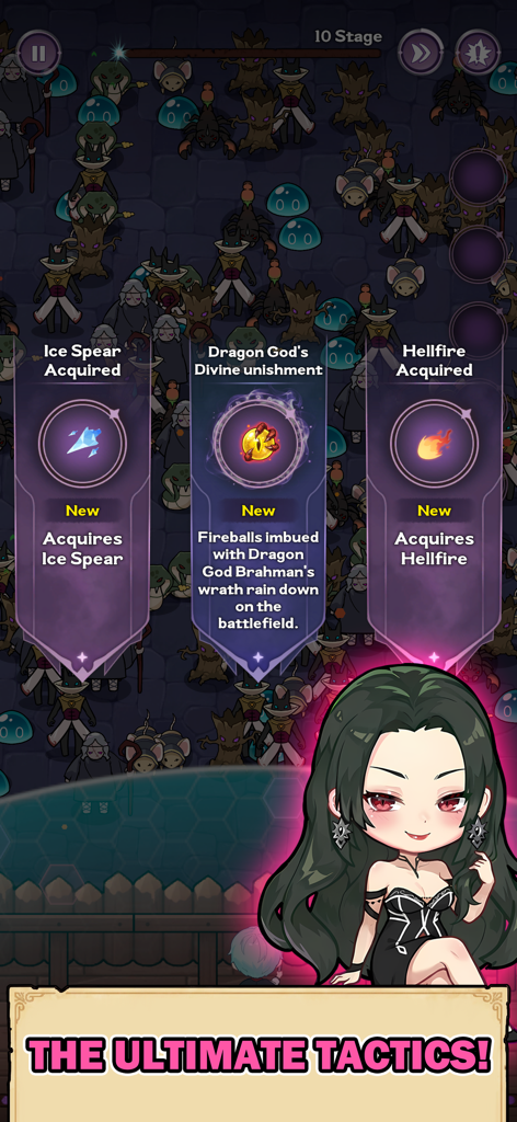 Dark Mage Defense: 66,666 - Skill selection screen in Dark Mage Defense showing Ice Spear and Hellfire options with a tactical banner