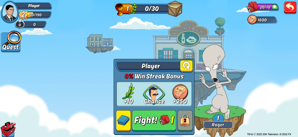 Animation Throwdown: CCG - Ein Kampfvorbereitungsbildschirm in Animation Throwdown CCG mit Roger dem Alien aus American Dad