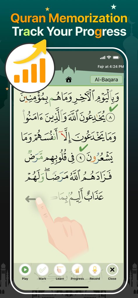Quran Majeed – القران الكريم - Interfaz de la aplicación Quran Majeed que muestra la función de seguimiento del progreso de memorización del Corán