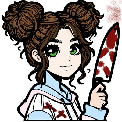 girl with messy buns holding a sharp plastic knife realistic