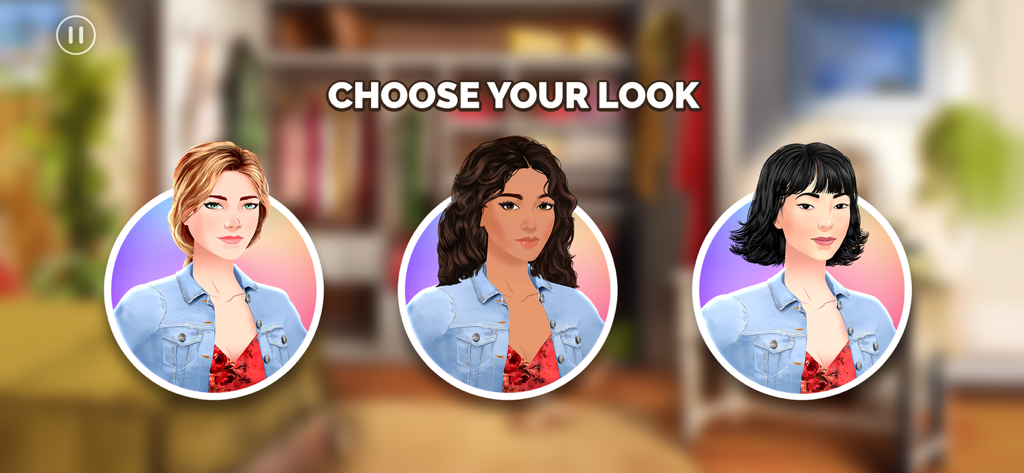 Journeys: Romance Stories - Una pantalla de selección de personajes en Journeys Romance Stories que muestra tres opciones de avatares femeninos diversos bajo el texto Elige tu look