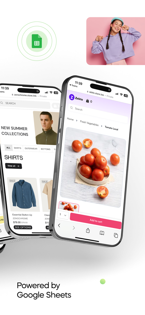 Store.link - Dos teléfonos móviles mostrando tiendas de comercio electrónico creadas utilizando Hojas de Cálculo de Google para ropa y comestibles.
