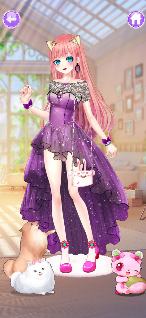 Anime Dress up Games Fashion - Una chica anime con cabello rosa y un vestido morado rodeada de lindas mascotas.