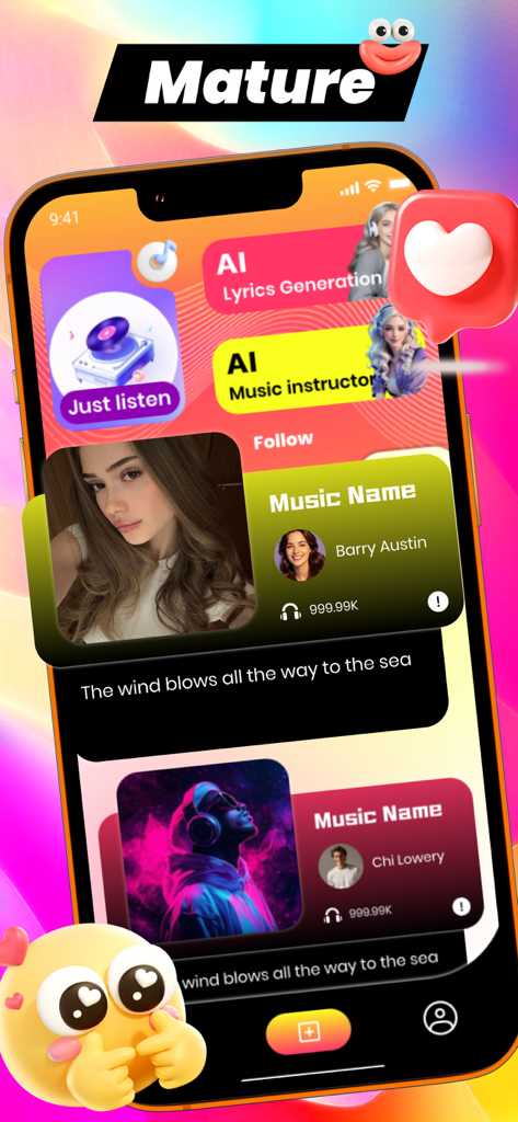 Video Chat，Online Share - Rliy - Écran de l'application Rliy présentant la génération de paroles par IA et les profils de partage de musique