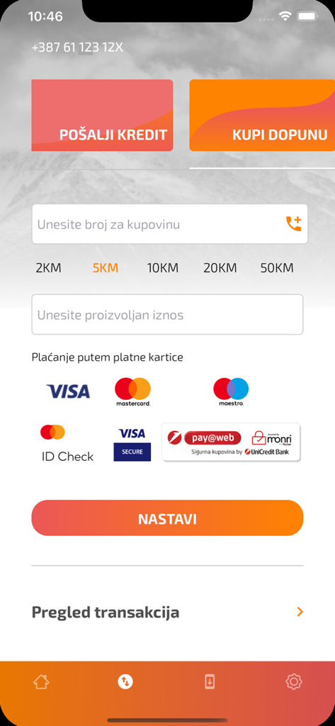 Moj BH Telecom - Interface of the Moj BH Telecom app showing the screen for buying or sending mobile credit with payment options like Visa and Mastercard.