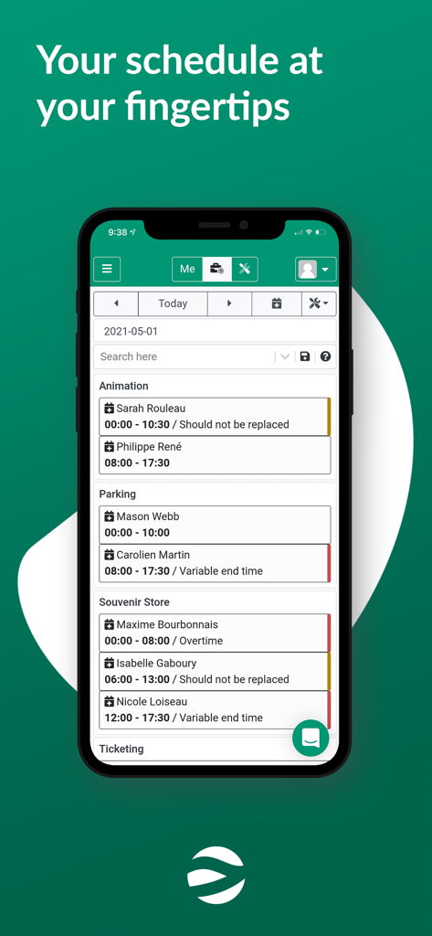 Schermata dell'app mobile Merinio che mostra i turni di lavoro dei dipendenti e i programmi giornalieri