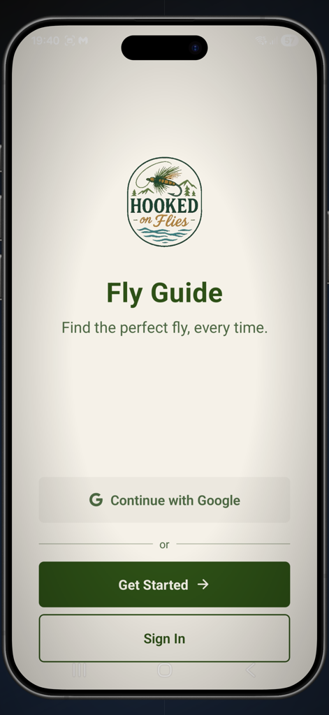 Fly Guide By HookedOnFlies - Fly Guide app welcome screen with logo and sign in buttons