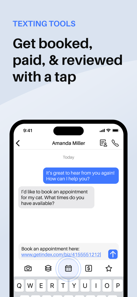 Index app interface showing a business text conversation and a tool for booking appointments via text.