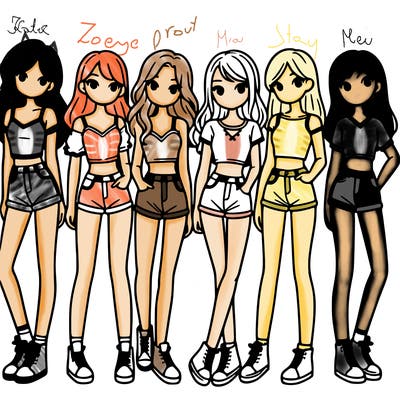 a group of girls wearing crop tops and shorts
