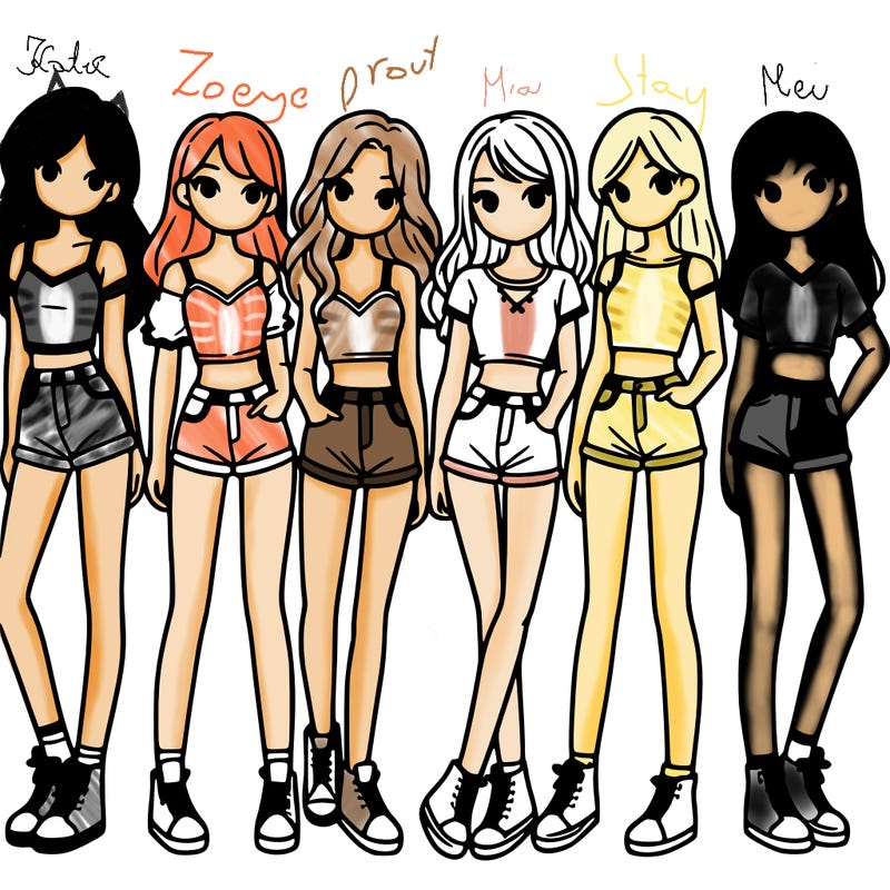 a group of girls wearing crop tops and shorts