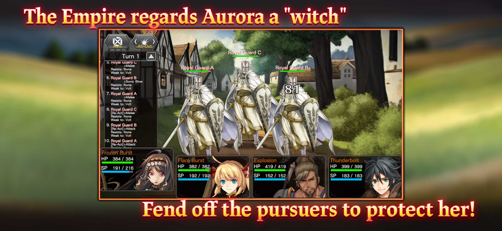 Una escena de batalla por turnos en RPG Astral Takers donde cuatro héroes se enfrentan a tres Guardias Reales en un entorno de aldea