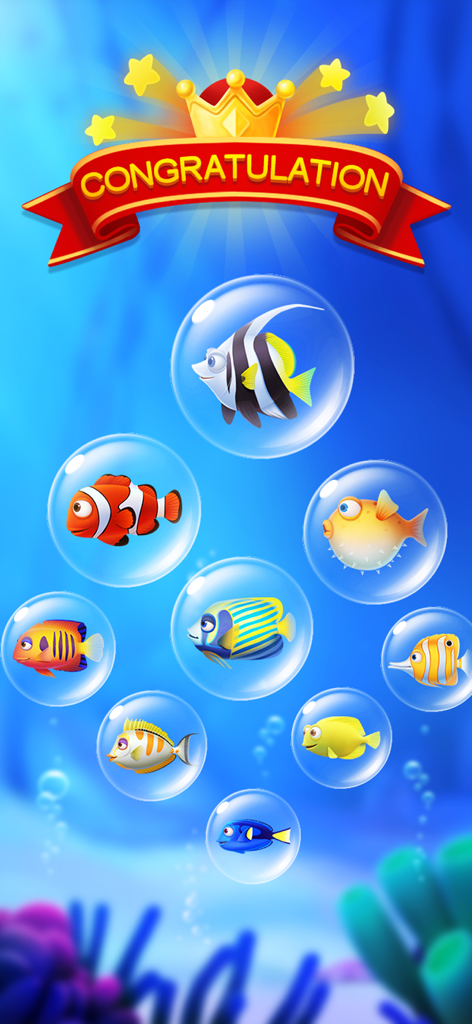 Solitaire Spider Fish - Pantalla de felicitación submarina con diversos peces tropicales en burbujas