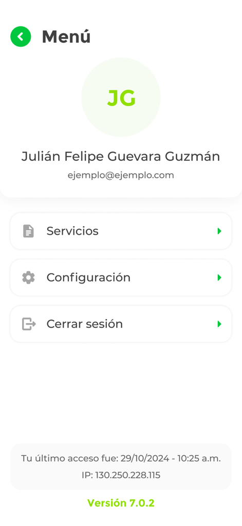 Skandia Colombia APP menu screen with user profile and settings options