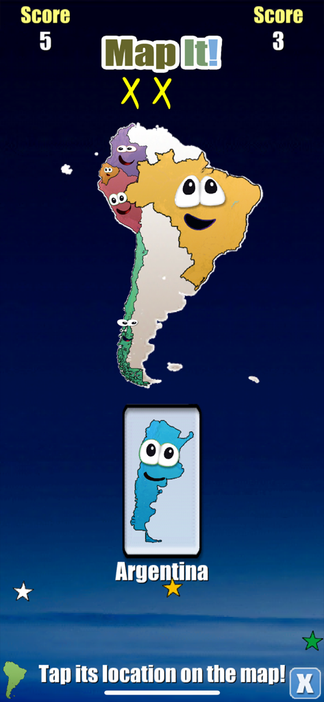 Stack the Countries® - Modalità di gioco Map It in Stack the Countries che mostra una mappa a cartoni animati del Sud America e una richiesta di localizzare l'Argentina
