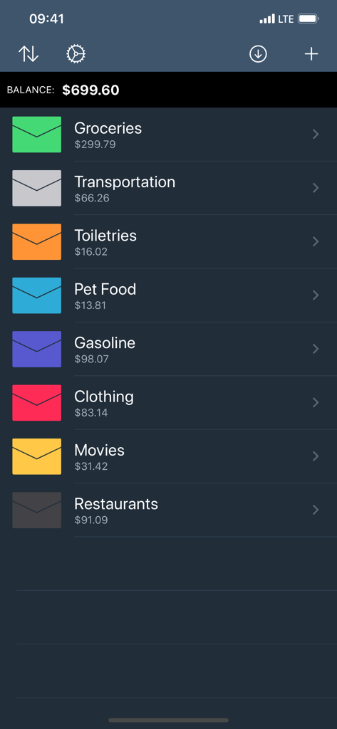 Envelopes: Budget Manager - A list of budget categories like groceries and gasoline shown as colored envelopes with their balances in the Envelopes app interface