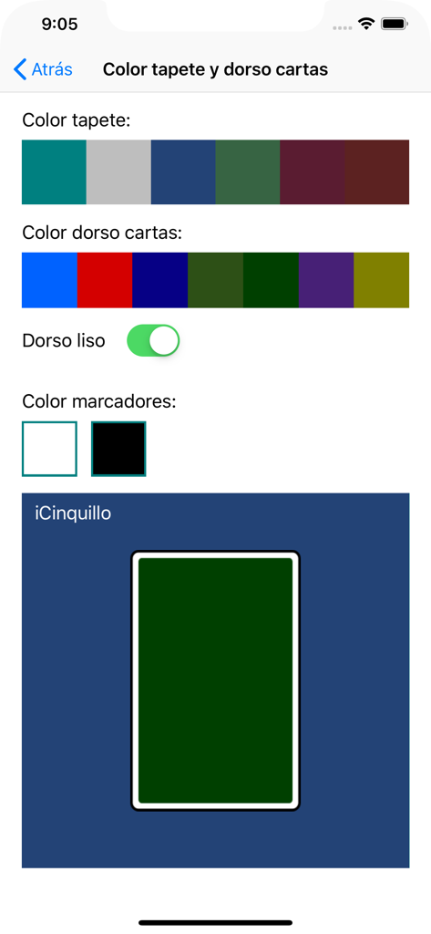 iCinquillo - Customization menu for table and card colors in iCinquillo