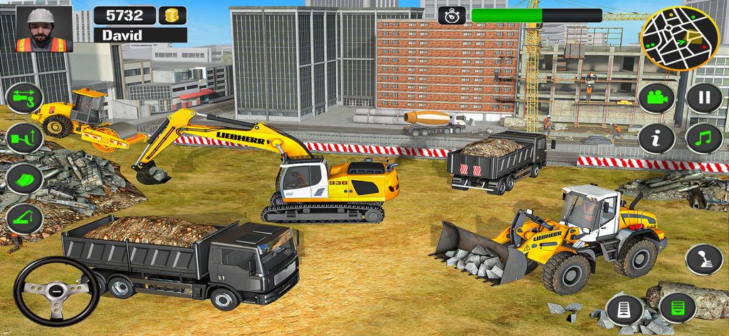 Excavator Construction Game 3d - Escena de juego mostrando varios vehículos de construcción como excavadoras y volquetes en un sitio de construcción de ciudades