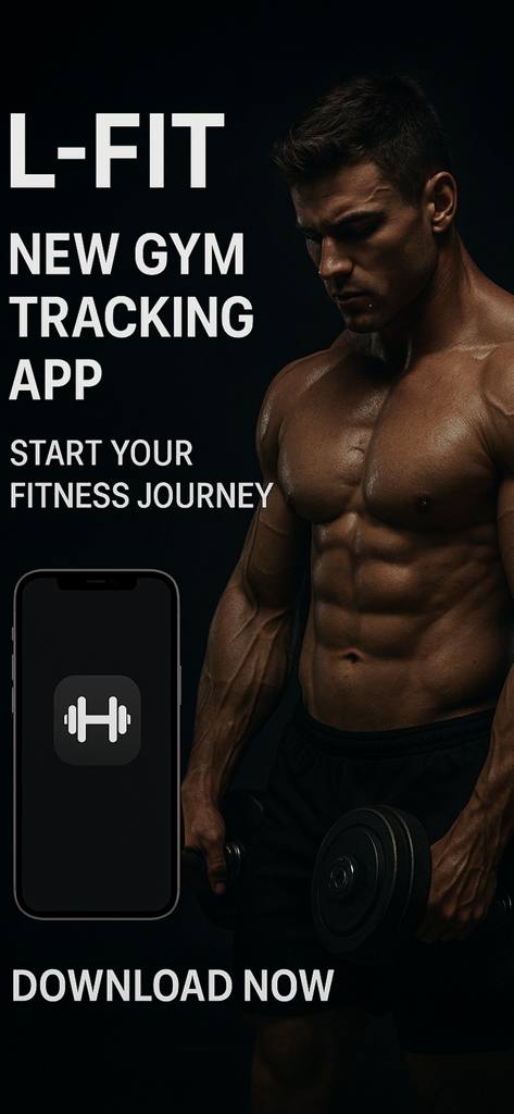 L-fit - L-fit new gym tracking app promotional screen with a muscular man lifting weights