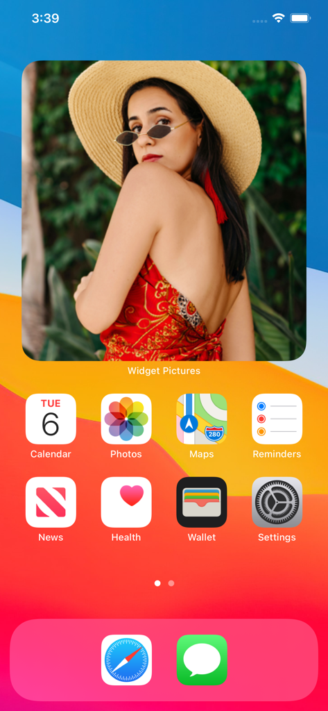 Photo Widget․ - A large custom photo widget showing a woman on an iPhone home screen with a colorful background
