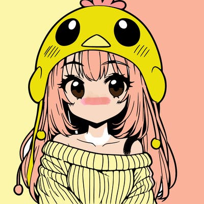 anime girl with chick shaped hat with sweater with bare shoulders with bangs covering them one eye with low tail
