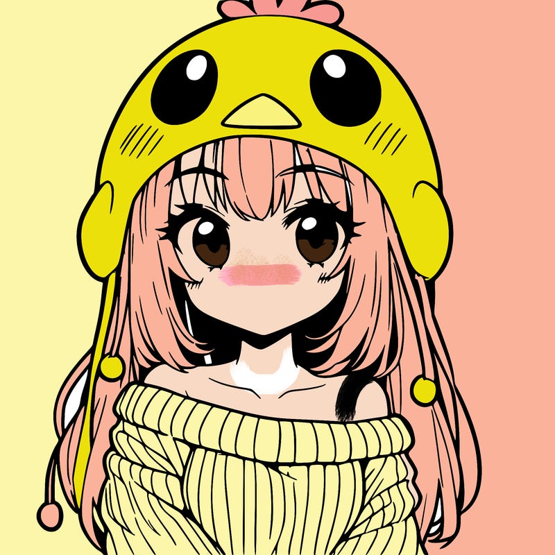 anime girl with chick shaped hat with sweater with bare shoulders with bangs covering them one eye with low tail