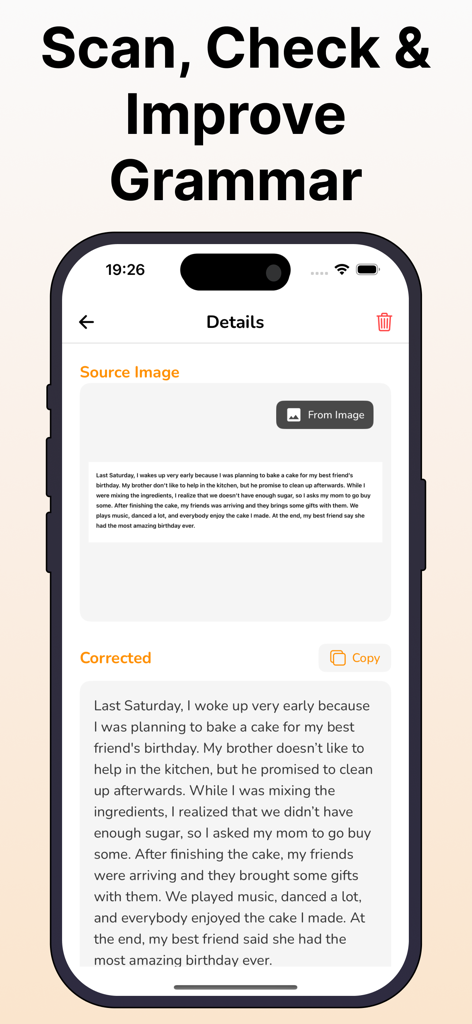 iPhone display showing the photo grammar check and correction feature