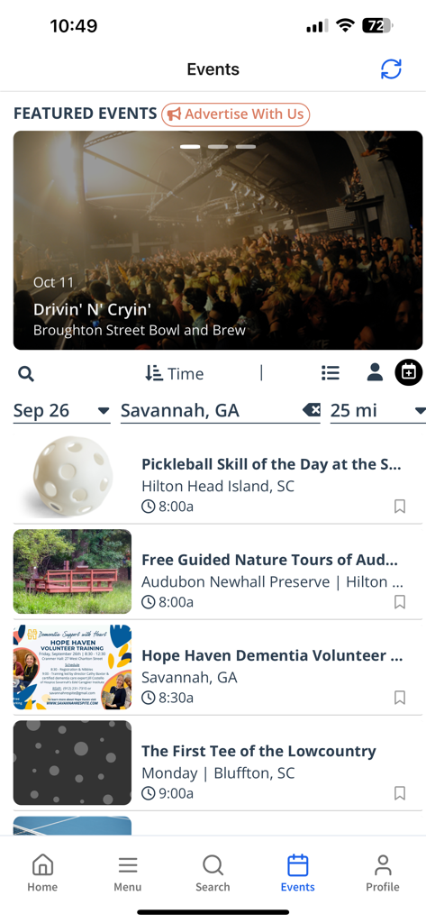 Gainesville Times - Screenshot of the Gainesville Times app's local events section featuring community activities and featured listings.