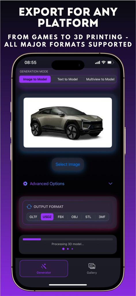 3D Maker Studio - Interfaz de una aplicación móvil de 3D Maker Studio que muestra una conversión de imagen a modelo 3D de un coche con varias opciones de formato de exportación, incluyendo USDZ y STL.