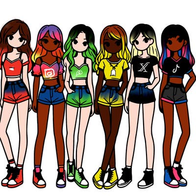 a group of girls wearing crop tops and shorts