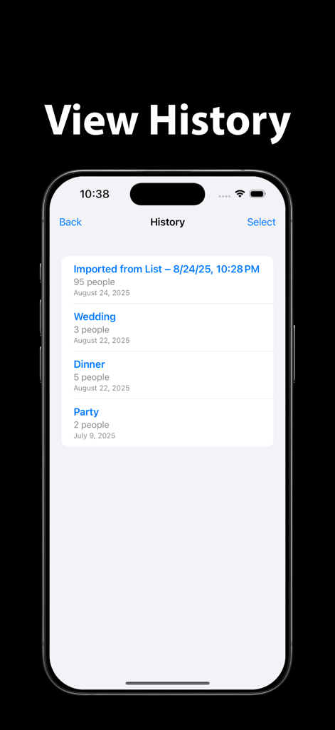Pantalla de historial de la aplicación Seat Maker que muestra una lista de planos de asientos guardados para bodas y fiestas.