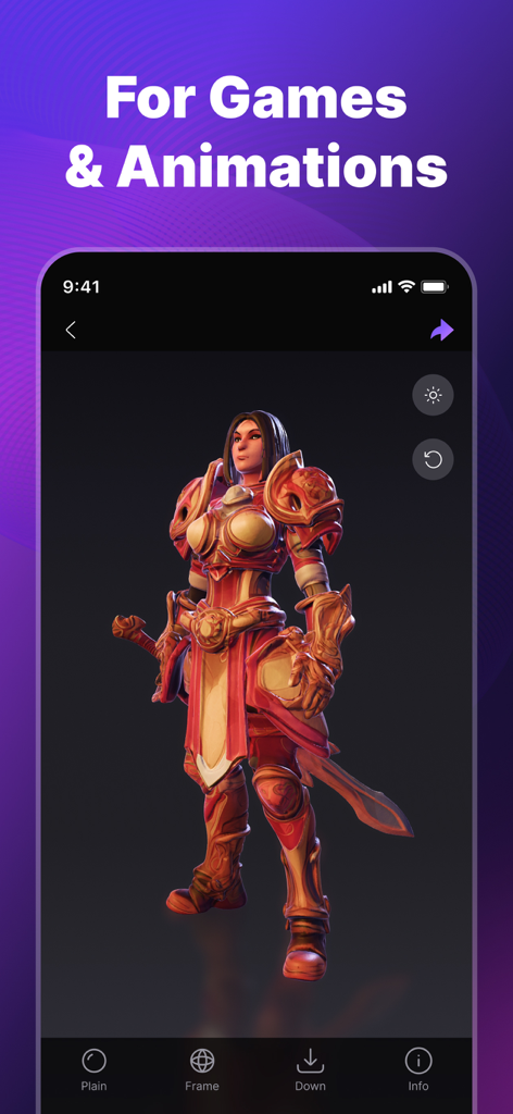 Tripo AI - 3D Model Generator - Detailed 3D AI-generated warrior character in red armor for games and animations within the Tripo AI mobile app interface