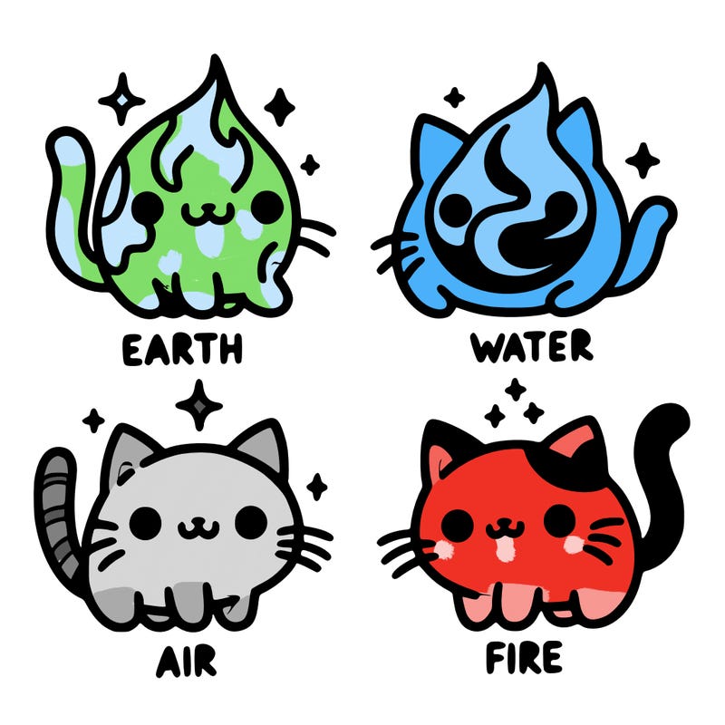 4 cats that represent the different elements, earth, water, air, and fire
