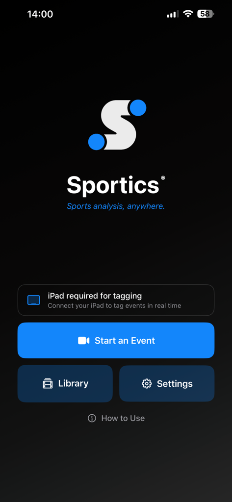 The home screen of the Sportics sports analysis app showing the Start an Event button and a prompt to connect an iPad