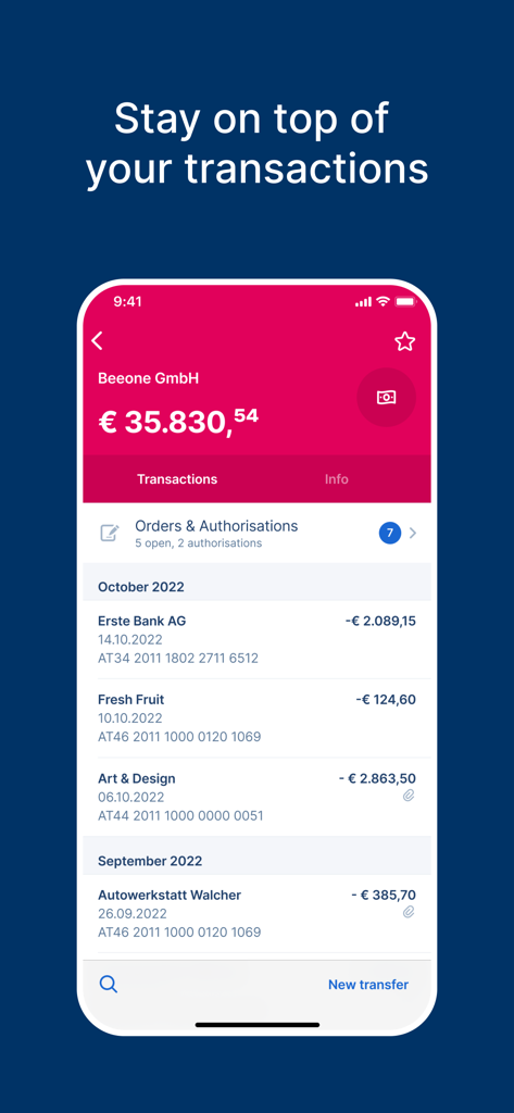 Mobile screen of George Business app showing business account transactions and current balance