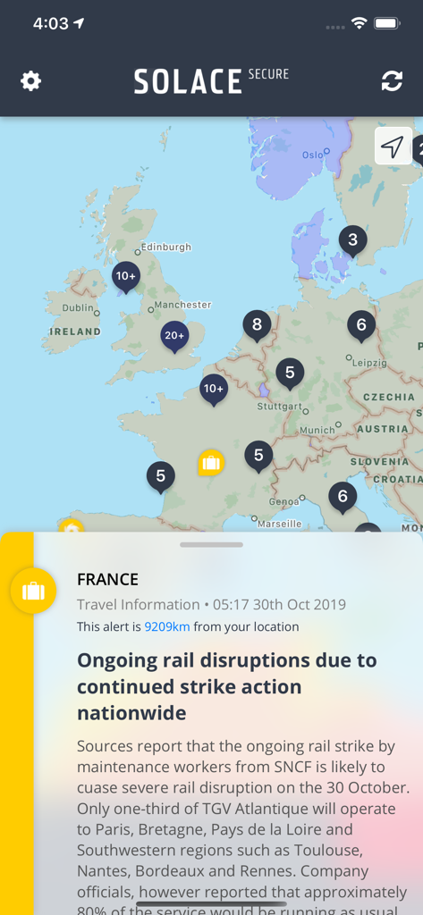Solace Secure - Solace Secure app interface showing a map of Europe with risk alert markers and a detailed notification about rail disruptions in France