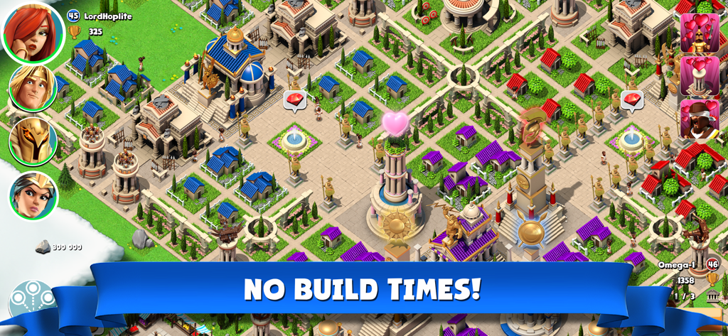 Gods of Olympus - Visão aérea de uma cidade grega no jogo Gods of Olympus com um banner destacando zero tempo de construção