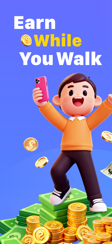 WalkCash - rewards&earn&coin - Personaje de dibujos animados feliz sobre pilas de efectivo y monedas con el texto Gana Mientras Caminas