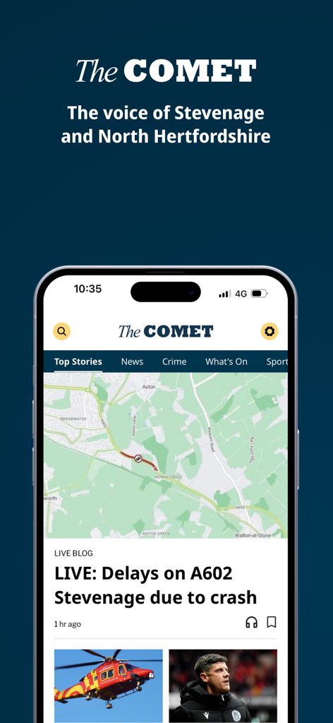 Smartphone displaying The Comet news app with local headlines and live traffic updates for Stevenage and North Hertfordshire