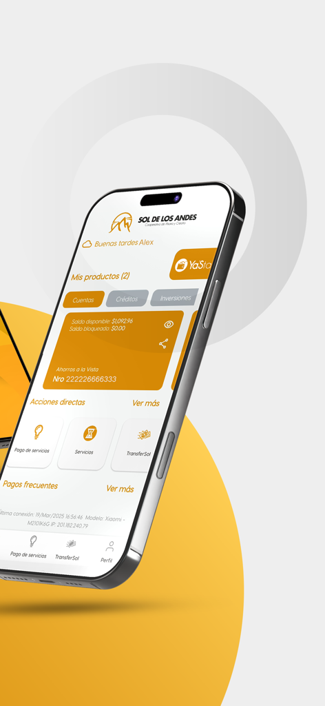 SOL APP - Panel de control móvil de SOL APP mostrando saldos de cuentas y servicios de pago para la cooperativa de crédito Sol de los Andes