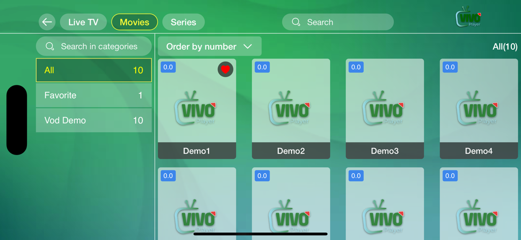 Vivo Player: Smart IPTV Player - Screenshot of Vivo Player app showing the movies section with a grid of video titles and a category sidebar on a green background.