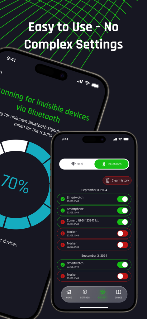 Spy Camera Detector : GR8 - Interfaz de la aplicación Spy Camera Detector que muestra el escaneo de dispositivos Bluetooth y la lista de historial