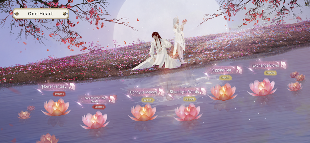 Two characters in traditional Chinese attire standing by a river with floating lotus lanterns under a full moon