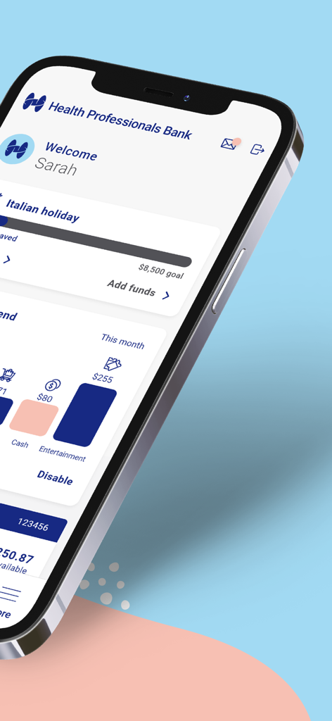 Smartphone screen showing the Health Professionals Bank app dashboard with a savings goal for an Italian holiday and a monthly spending chart