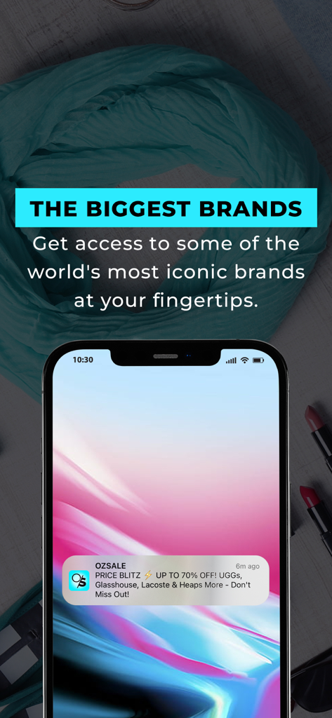 OZSALE - Ozsale mobile app notification showing 70 percent off designer brands like UGG and Lacoste.