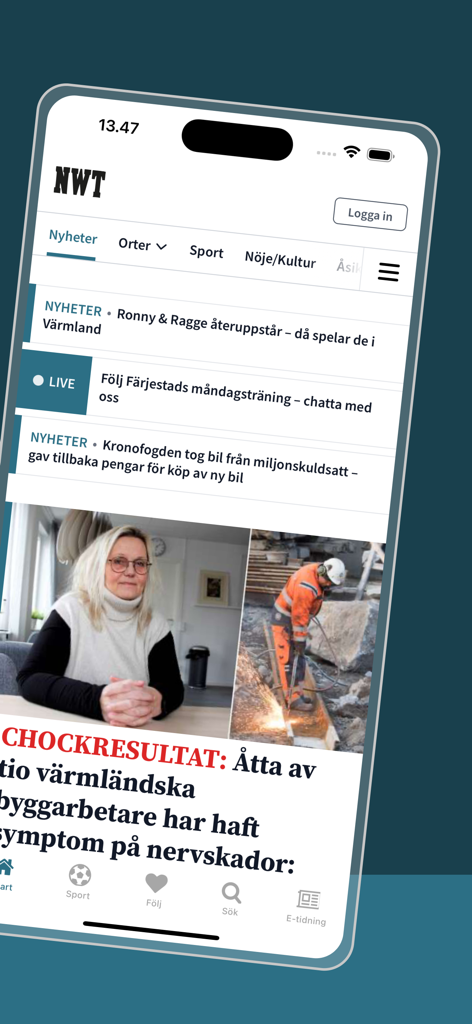 NWT - NWTモバイルニュースアプリのインターフェース。スウェーデンのローカルヘッドラインと、Varmland地域のナビゲーションカテゴリが表示されています。