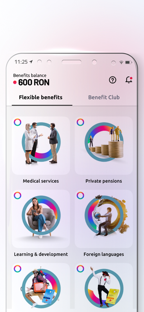 Edenred Benefit - Interfaz de la aplicación Edenred Benefit que muestra categorías flexibles de beneficios para empleados, incluidos servicios médicos y pensiones privadas