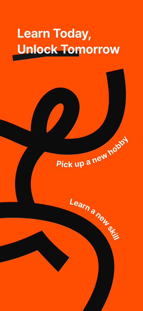 Tela promocional do aplicativo CLASS101 com o slogan 'Aprenda hoje, desbloqueie o amanhã' em um fundo laranja