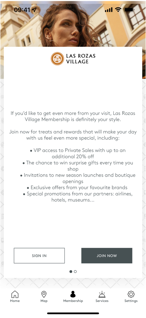 Tela de associação do aplicativo Las Rozas Village destacando acesso VIP e recompensas exclusivas de compras de luxo