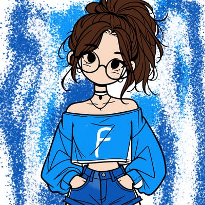 girl with a messy ponytail glasses a baggy crop top and jean shorts