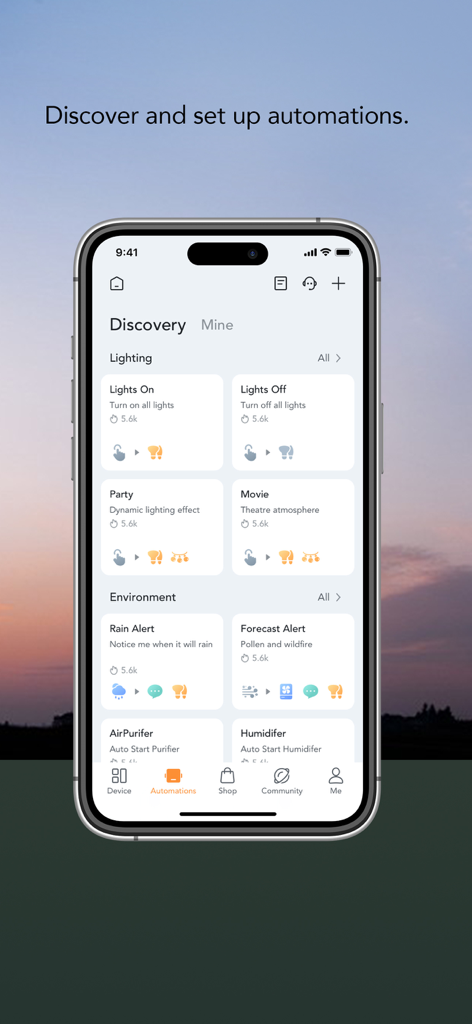 Interface of the AiDot app showing smart home automation presets for lighting and environmental alerts.